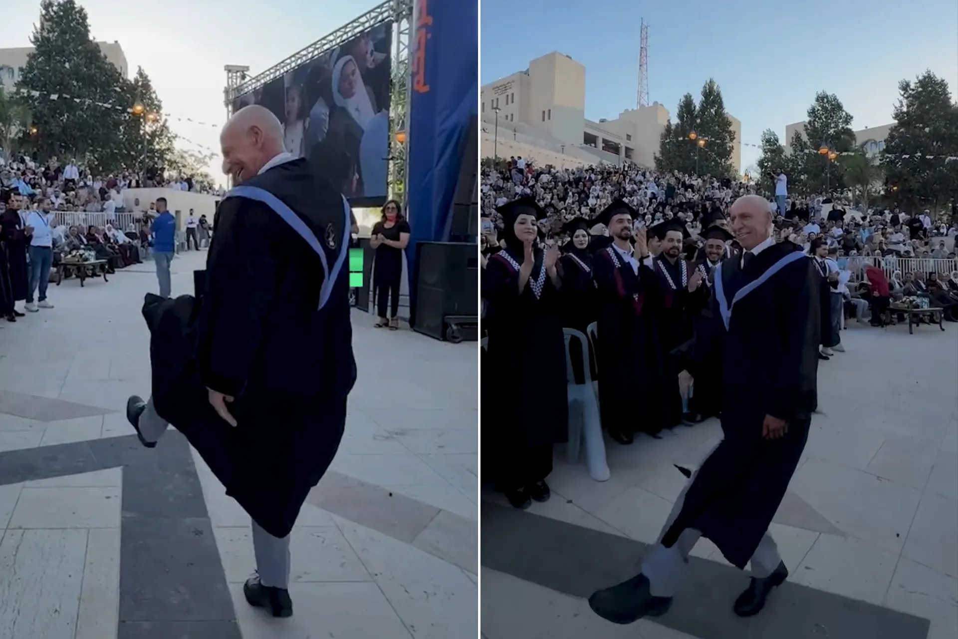 مشهد عفوي يكسر الجمود في جامعة النجاح.. استاذ يشارك طلابه فرحة التخرج بدبكة فلسطينية